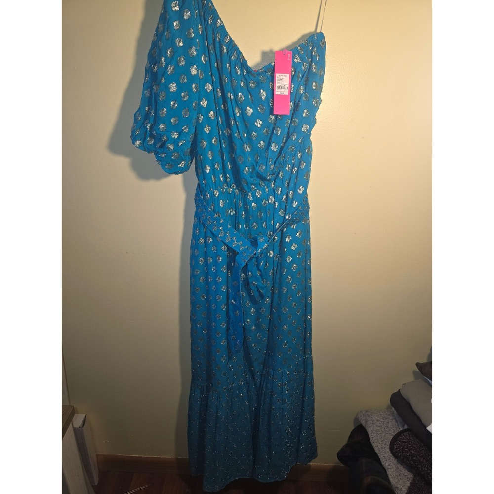 Lilly Pulitzer Zelalynn One Shoulder Maxi Dress Blue Rhapsody Gold Foil 16 NEW